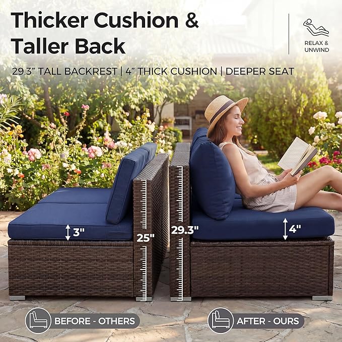 NICESOUL 9 Piece Patio Sectional Sofa Set with Fireplace Natural Gas/Propane, 29.3'' High Back Deep Seats Outdoor Conversation Couch, Extra-Large Wicker Furniture Sets, Brown Rattan and Blue Cushion
