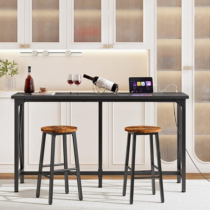 55'' Bar Table, Kitchen Dining Table with Power Outlet and Footrest, Industrial Style, for Pub, Living Room, Rustic Brown and Black TBT09UBB