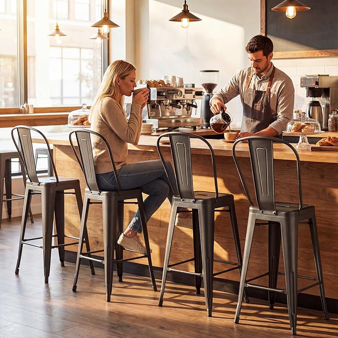COSTWAY 24'' Metal Bar stools Set of 4, with Removable Back, Counter Height Stools with Rubber Feet, Stylish and Modern Chairs, for Kitchen, Dining Rooms, and Side Bar (Gun-Update, 24'')
