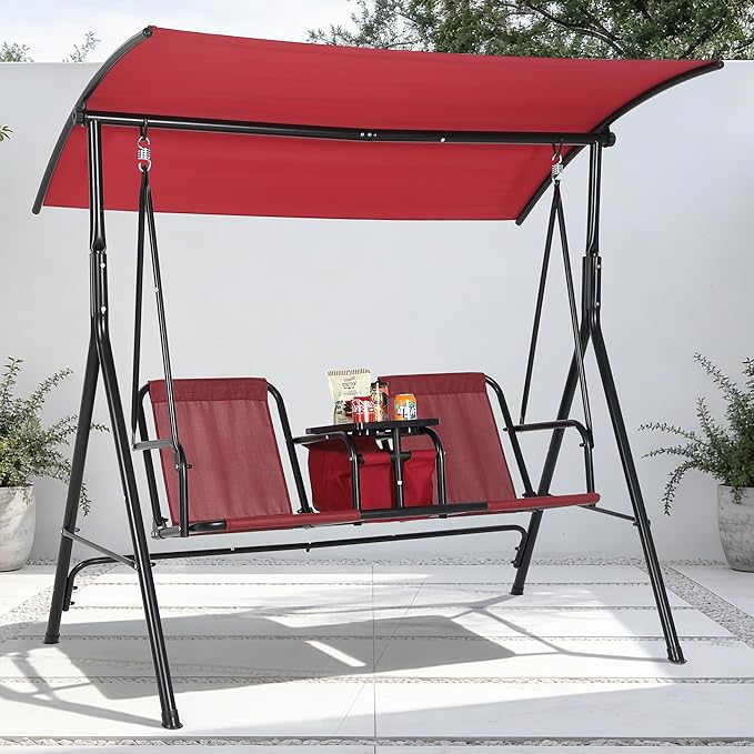 Porch Swing with Cup Holders & Pivot Storage Table & Cooler Bag with Adjustable Canopy for 2 Person Patio Swing for Backyard Balcony Poolside Red
