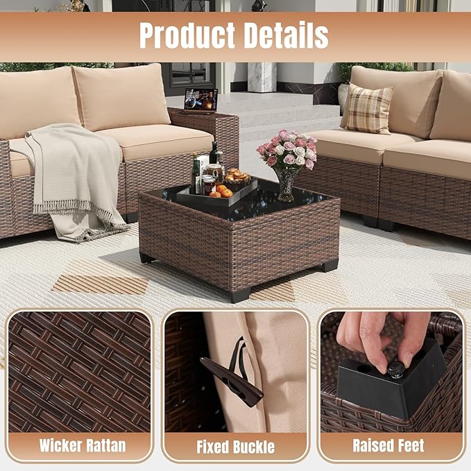 Aoxun 12 Pieces Patio Furniture Set Wicker Rattan Outdoor Sectional Conversation Set with Coffee Table and 4” Thickened Cushions, Beige (Waterproof Cover Included)