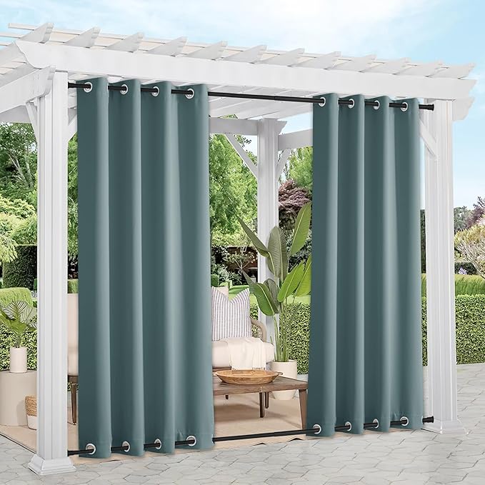 NICETOWN Outdoor Curtains for Patio Waterproof & Windproof 2 Panels, Thermal Insulated Top and Bottom Fixed Rustproof Grommets Light & Cold Block Outdoor Curtains for Pool, W52 x L95, Greyish Blue