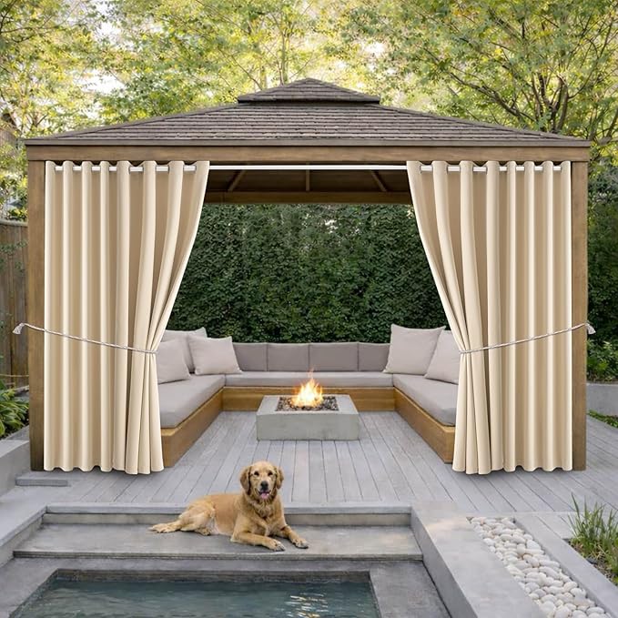 Outdoor Patio Curtain Waterproof Darkening Thermal Insulated Indoor Curtains for Bedroom, Porch, Living Room, Pergola, Cabana, W105 x L120 Extra Wide Room Divider, Beige, Set of 2 Panels