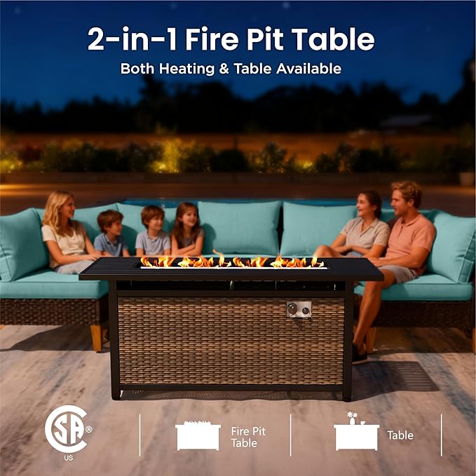 PHI VILLA 9-Piece Half Moon Patio Furniture Set with 56" Fire Pit Table, Outdoor Wicker Sectional Sofa with Aqua Blue Cushions, 2 Ottomans, Large Curved Conversation Seating for Garden or Backyard