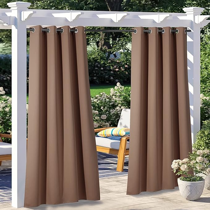 NICETOWN 2 Panels Patio Outdoor Curtains Waterproof, Thermal Insulated Stainless Steel Rustproof Grommet Blackout Indoor Outdoor Curtains/Drapes for Party/Cottage, W52 by L84, Tan