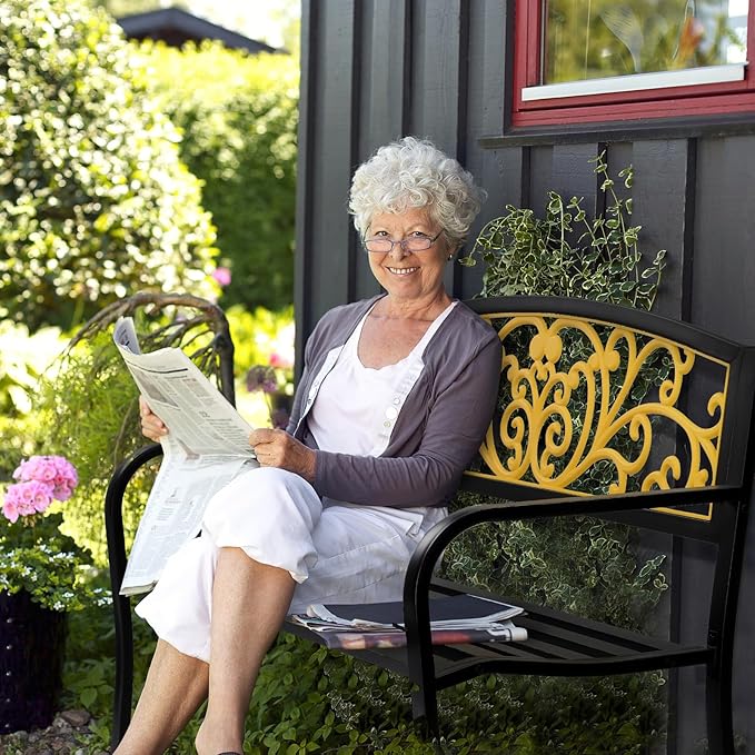 VINGLI Outdoor Bench for Patio Metal Garden Bench w/PVC Back Pattern, Black Park Benches Front Porch Benches for Yard Lawn Decor Deck Entryway (Yellow&Black)