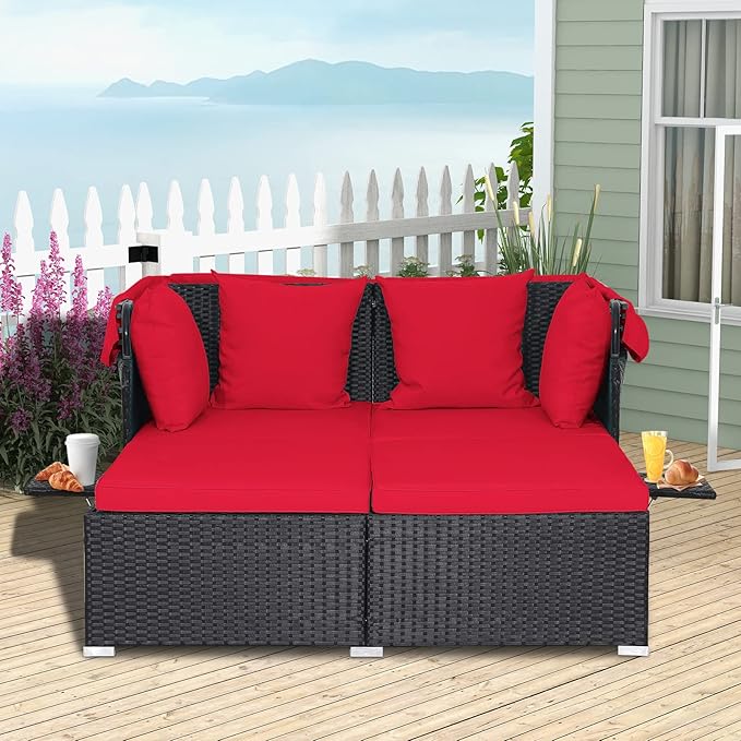 ORALNER Outdoor Daybed, 2-Person Wicker Patio Sofa with Retractable Canopy, Cushions & Pillows, 2 Side Trays, PE Rattan Double Sunbed Lounger for Deck Poolside Backyard Garden Balcony (Red)