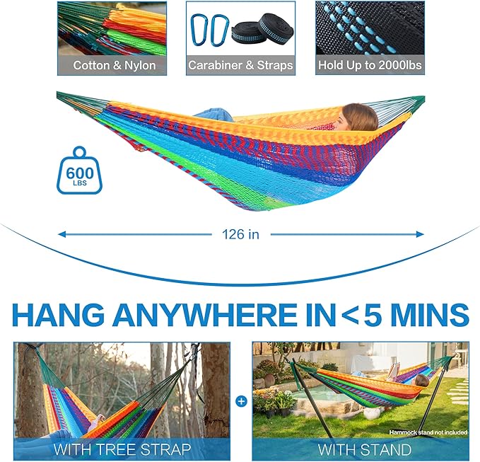 PNAEUT Handwoven Mayan Hammocks for Outside, Handwoven Thick Soft Rope Double Hammocks for Outdoor Indoor, Max 600 lbs Capacity, Tree Straps, Carabiners & Carrying Bag Included (Tropical, X-Large)
