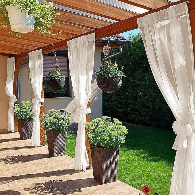 SpaceDresser Waterproof Outdoor Sheer Curtains for Patio - 4 Panels Rod Pocket Indoor Voile Sheer Curtain for Living Room,52W x 120L inch,Ivory