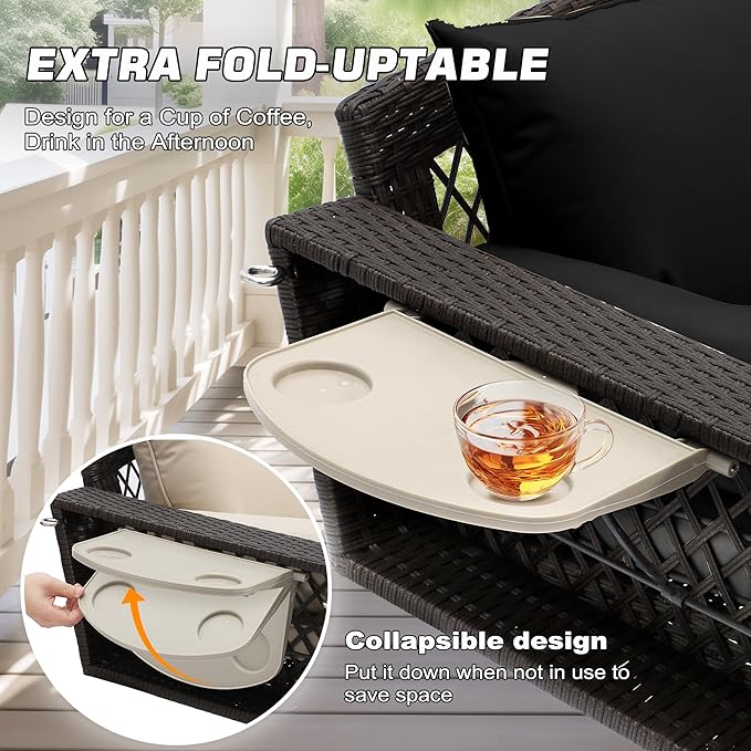 Grepatio Wicker Hanging Porch Swing - Outdoor 3 Person Patio Swing Bench with Cushion & Chains - 3-Seat Porch Swing Chair with Cup Holder for Garden, Yard, Lawn (Black Brown Rattan)