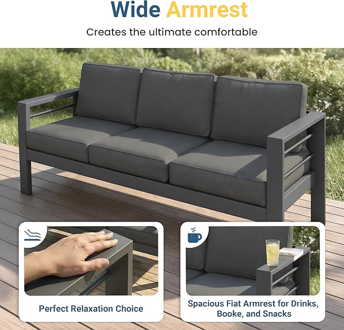 Wisteria Lane Aluminum Outdoor Patio Furniture Set, Oversized Patio Conversation Sets with Deep Seating and Wide Armrest, Outdoor Sectional Metal Sofa with 5 Inch Cushion and Coffee Table, Dark Grey