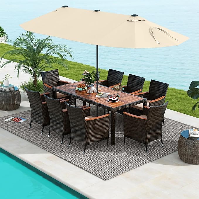 Tangkula 11 Piece Rattan Outdoor Dining Set with 15Ft Patio Umbrella for 8, Outdoor Wicker Table Set with 8 Cushioned Armchairs, Acacia Wood Top, Outdoor Umbrella with Base Included