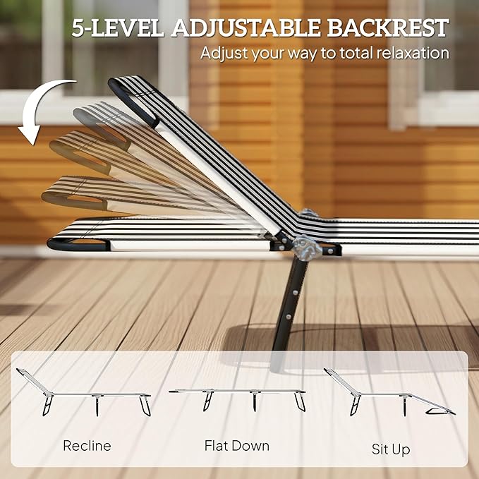 Outsunny Folding Chaise Lounge Pool Chairs, Outdoor Sun Tanning Chairs with 5-Level Reclining Back, Steel Frame for Beach, Yard, Patio, Black and White
