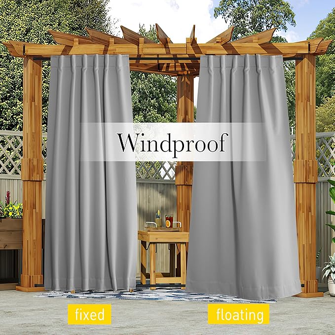NICETOWN 2 Panels Outdoor Curtains Waterproof Pocket & Back Tab on Top & Bottom, Thermal Insulated Windproof Sun Blocking Outside Privacy Drapes for Patio with Fixed Rope, W52 x L95, Silver Gray