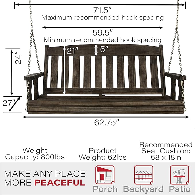 Amish Casual Heavy Duty 800 Lb Mission Treated Porch Swing with Hanging Chains (5 Foot, Dark Walnut Stain)