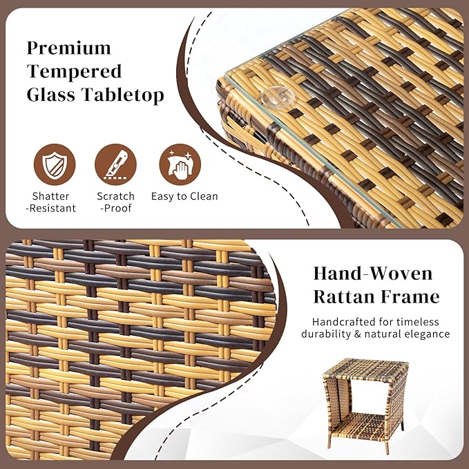 VINGLI Outdoor Wicker Side Table Patio Side Tables for Outside, Tempered Glass Top Wicker Table with Storage End Table for Balcony Porch Deck (Natural)
