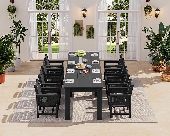 SERWALL Patio Dining Sets for 8, Outdoor Dining Sets for 8 Person with 2 Umbrella Hole Cut-Out Rectangular Tables and 8 Chairs, HDPE Dining Sets for Garden, Backyard, Poolside, Black