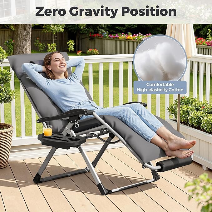 Homall Oversized Zero Gravity Chair, 32In Recliner Lounge Chair with Removable Soft Cushion and Cup Holder, Adjustable Anti Gravity Chair Folding Patio Chairs Padded for Indoor and Outdoor, Grey