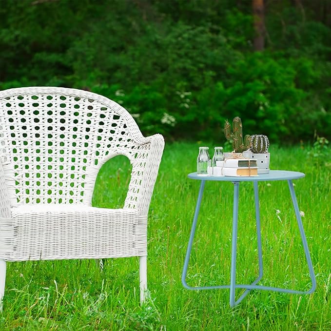 danpinera Outdoor Side Tables with Flower Cut Outs, Weather Resistant Steel Patio Side Table, Small Round Outdoor End Table Metal Side Table for Patio Yard Balcony Garden Blue