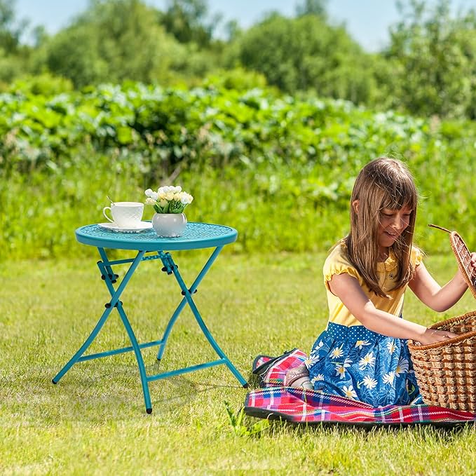 TeoKJ Folding Outdoor Side Tables, Anti Rust Small Patio Table Round Metal Nightstand with Flower Cutouts for Porch Yard Balcony Deck Lawn, Blue