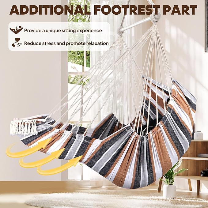 Chihee Hammock Chair Hanging Chair with Foot Rest 2 Cushions Max 500lbs Robust Metal Spreader Bar Collapsible Easy Storage Soft Cotton Swing Chair Strong Strap Iron Carabiner Side Pocket Included