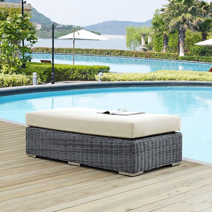 Modway Summon Wicker Rattan Outdoor Patio Sunbrella® Fabric Rectangle Ottoman in Canvas Antique Beige