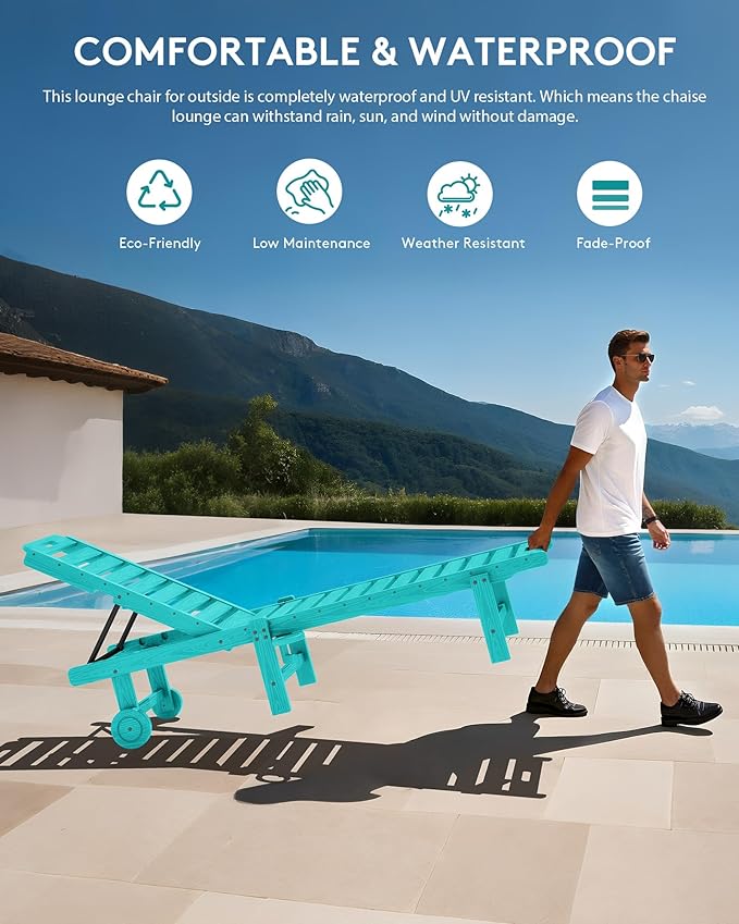 SERWALL Patio Chaise Lounge Chair, HDPE Outdoor Lounge Chair with Cup Holder, 5 Positions Adjustable Poly Lounger with Rolling Wheels for Poolside, Deck, Sunbathing, Aruba