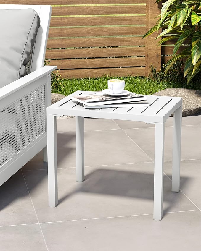 Crestlive Products Outdoor Side Table Set of 2, Aluminum Rectangular Side/End Table, Small Patio Coffee Bistro Table for Outdoor Indoor (White)