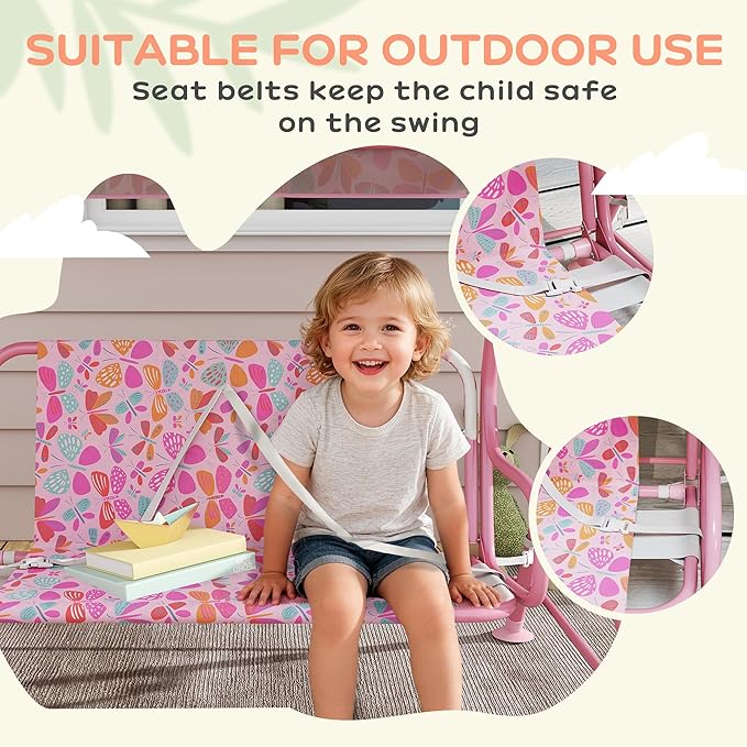 Qaba Kids Patio Swing, 2-Seater Outdoor Porch Swing Chair with Adjustable Canopy, Safety Belt, Pink Butterfly Pattern Hanging Swing Bench for Garden, Backyard, Pink