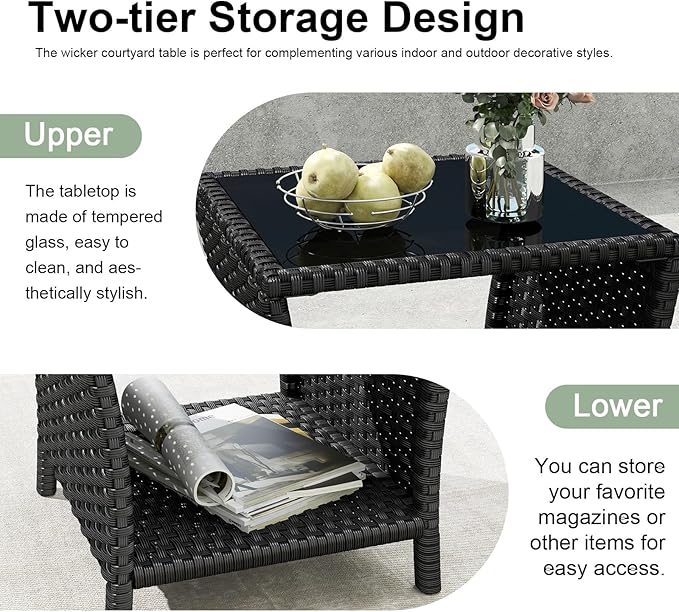 kinbor Small Outdoor Table - Set of 2 Tempered Glass Top Small Outdoor Wicker Side Table with Storage Shelf for Patio, Balcony & Porch, Durable PE Rattan & Iron Frame