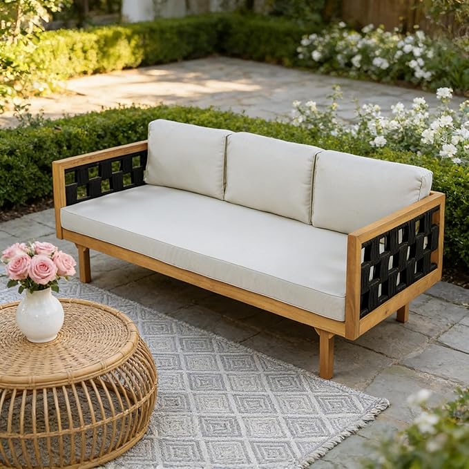 Christopher Knight Home Rosie Acacia Wood Outdoor Daybed Sofa with Water-Resistant Cushion, Solid Wood Patio 3 Seater Sofa Couch, Patio Garden Lounge Sofa with Woven Rope Accent, Black+Teak+Light Gray