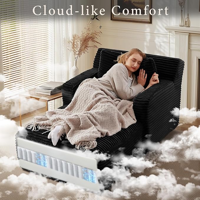65.4" Chaise Lounge Chair Indoor, Oversized Boneless Couch Comfy Upholstered Sleeper Sofa Bed with 3 Pillows, Corduroy Cloud Reading Chair for Living Room No Assembly Required, Black