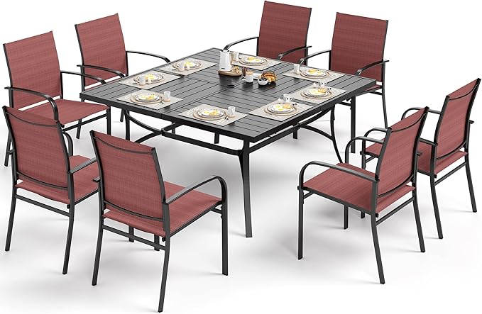 Patio Dining Set for 8, 60" x 60" Square Metal Table with Umbrella Hole, 8 x Stable Dining Chairs, Outdoor Table and Chairs Set for Lawn Backyard and Deck, Red
