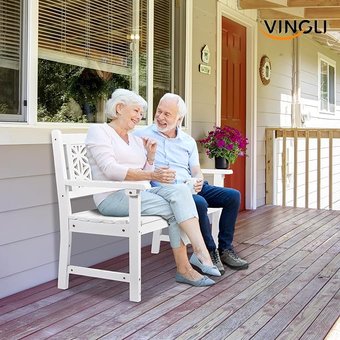 VINGLI 47" Outdoor Wood Bench, All Weather Outdoor Wooden Patio Garden Bench, Outside Loveseat 660lbs Capacity for Front Porch Park Entryway (White)