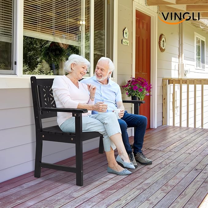 VINGLI 47" Outdoor Wood Bench, All Weather Outdoor Wooden Patio Garden Bench, Outside Loveseat 660lbs Capacity for Front Porch Park Entryway (Black)