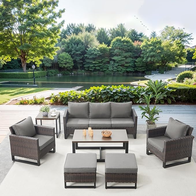 Belord 7 Piece Outdoor Furniture Patio Wicker Sofa Set, Oversize Outdoor Dining Chairs with Rattan Ottomans, Conversation Sets Patio Furniture Come with Removable Washable