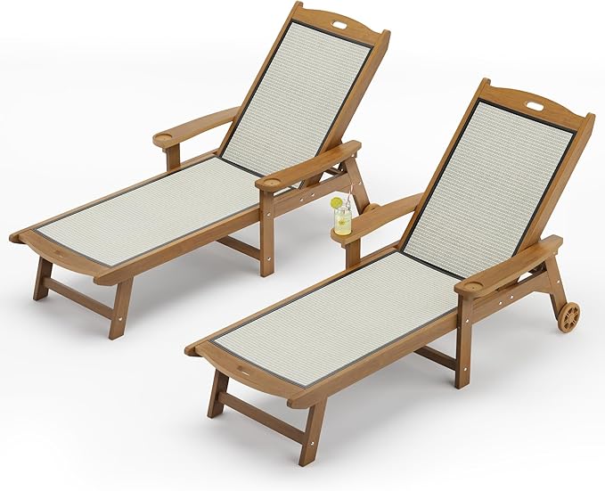 LUE BONA Chaise Lounge Chair Outdoor, HDPS and HDPE Wicker Material, Patio Lounge Chair with Adjustable Backrest, Resin Pool Lounge Chairs with Wheels for Backyard, Poolside and Deck,Teak