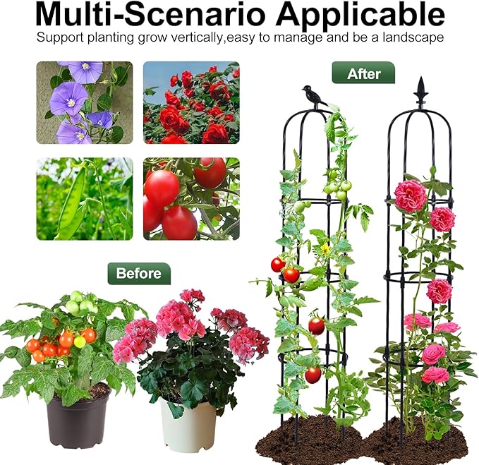 Lalahoni Garden Obelisk Trellis for Climbing Plants Outdoor, 6ft Round Rose Trellis for Pots, Metal Plant Support for Clematis, Jasmine, Ivy, Decorative Outdoor Trellis, Black, 2Pack