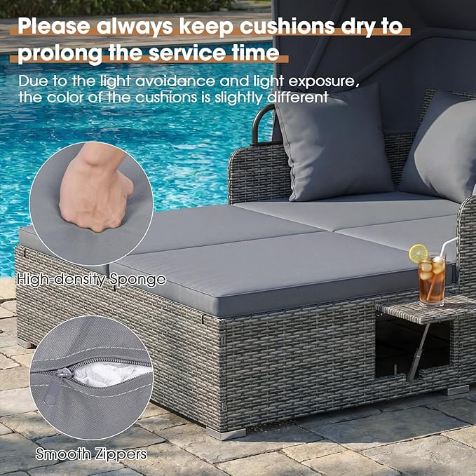 RELAX4LIFE Patio Outdoor Daybed with Canopy, Wicker Rattan Sunbed w/Cushions, 4 Pillows & 2 Retractable Side Trays, 2-Person Lounge Bed Conversation for Poolside Porch Garden (Gray-Grey)