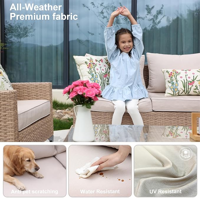4-Piece Patio Furniture Set,Outdoor Wicker Patio Conversation Set with Tempered Glass Table,All-Weather Rattan Sectional Loveseat&Chairs with Thick Cushions for Garden,Deck,Backyard-Beige