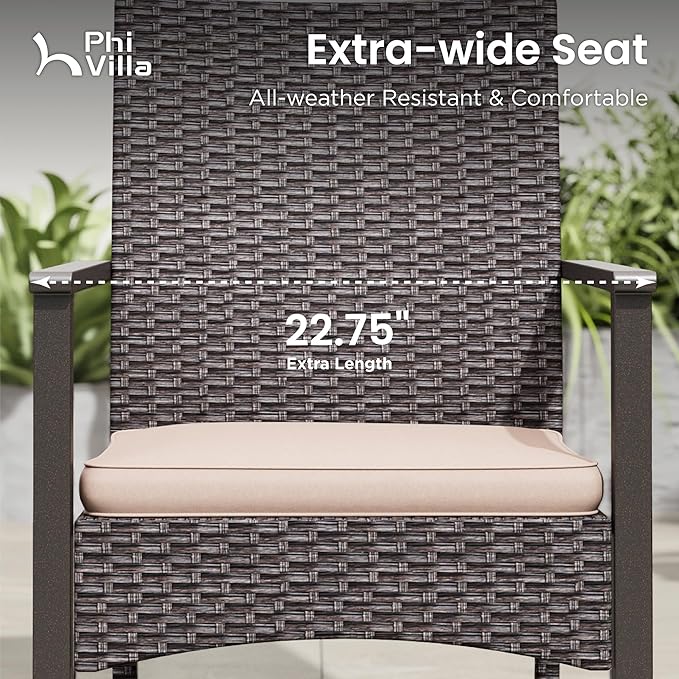 PHI VILLA Outdoor Dining Set for 6, Rectangular Rattan Table with Acacia Wood Top & Wicker Chairs with Cushions, 74” Large Modern Furniture Set for Patio, Deck, Backyard, Porch