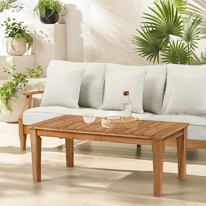 SAFAVIEH Couture Outdoor Patio Furniture Collection - Martinique Rectangular Coffee Table, Natural Teak Solid Wood Slatted Top (CPT1014D)