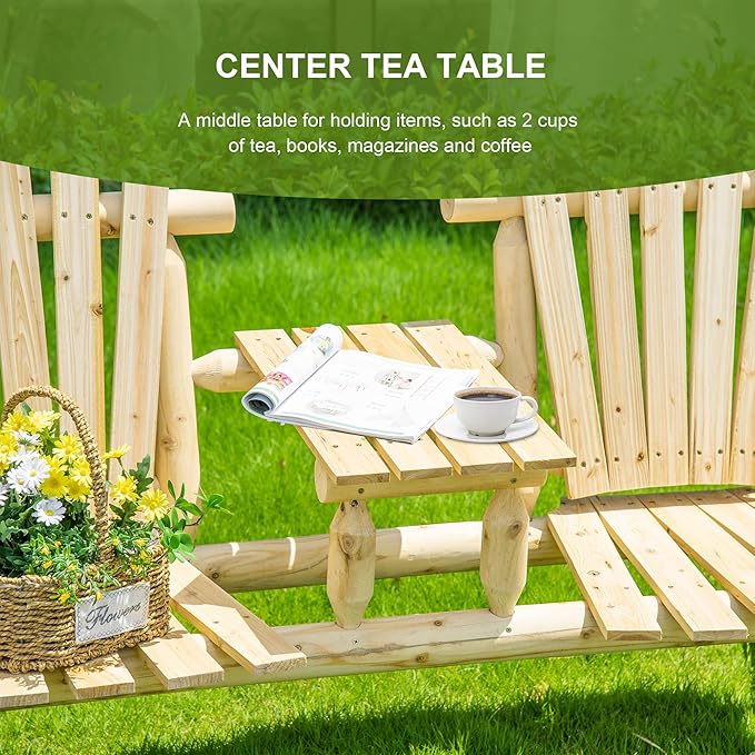 Outsunny 2-Seat Wooden Adirondack Chair, Patio Bench with Table, Outdoor Loveseat Fire Pit Chair for Porch, Backyard, Deck, Natural