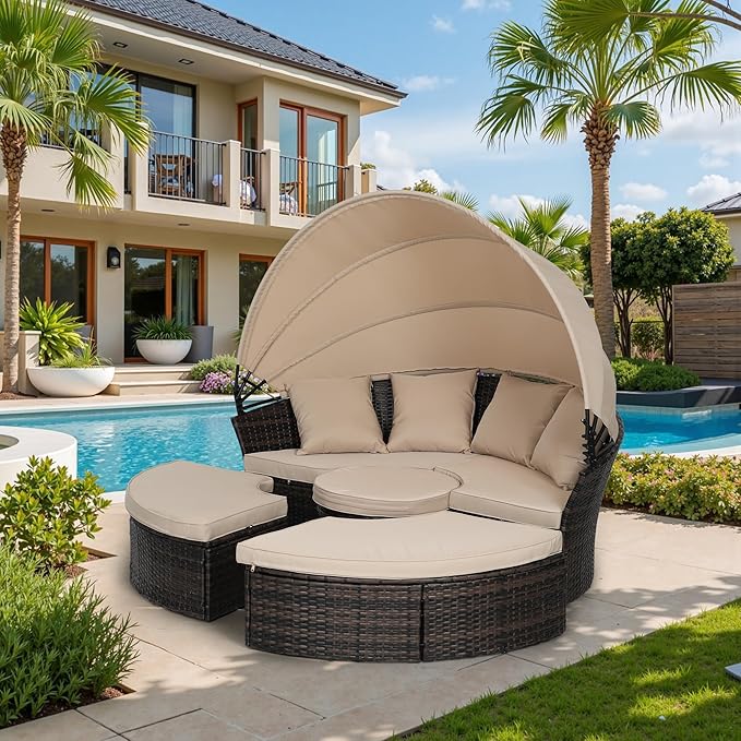 Incbruce Patio Round Daybed with Retractable Canopy, Black Wicker Rattan Sectional Sofa Furniture Set with Separated Cushion Seats for Patio, Porch and Backyard (Brown)