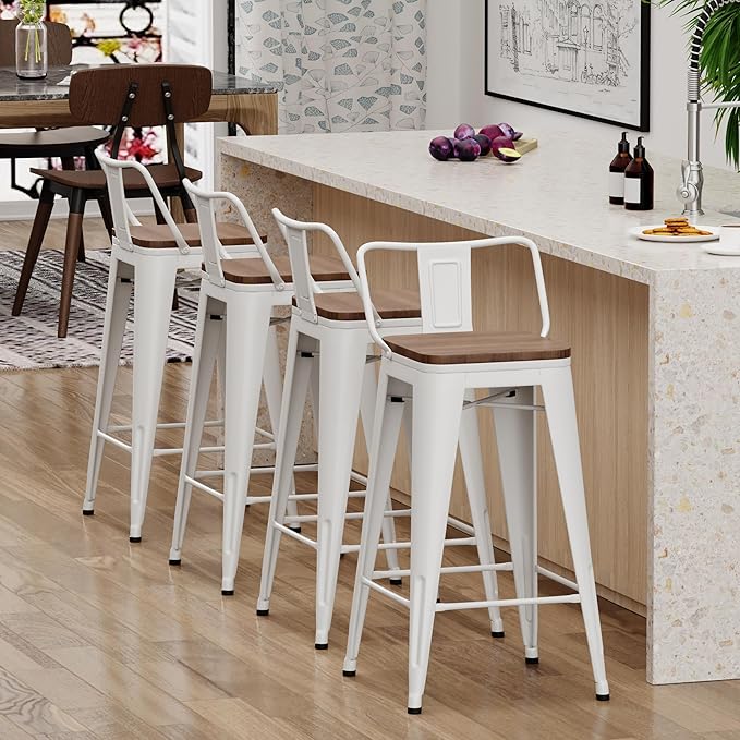 Yongchuang 26 inch Metal Bar Stools Set of 4 Counter Height Barstools Farmhouse Kitchen Bar Chairs with Wood Seat Low Back Cream White