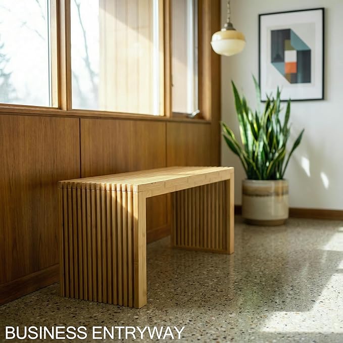 Bamboo Natural 36 inch Wooden Bench, Small Wood Benches for Entryway, Living & Dining Room, Kitchen, Bedroom, Bathroom, Hallway, Front Door, For Indoor & Outdoor Patio Use, Mid Century Modern Decor