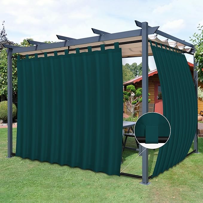 Easy-Going Outdoor Patio Curtains Detachable Tab Top Windproof Weatherproof Curtain for Cabana, Porch, Pergola and Gazebo, Tab Bottom Drape, 2 Panels, 110W x 84L inch, Teal