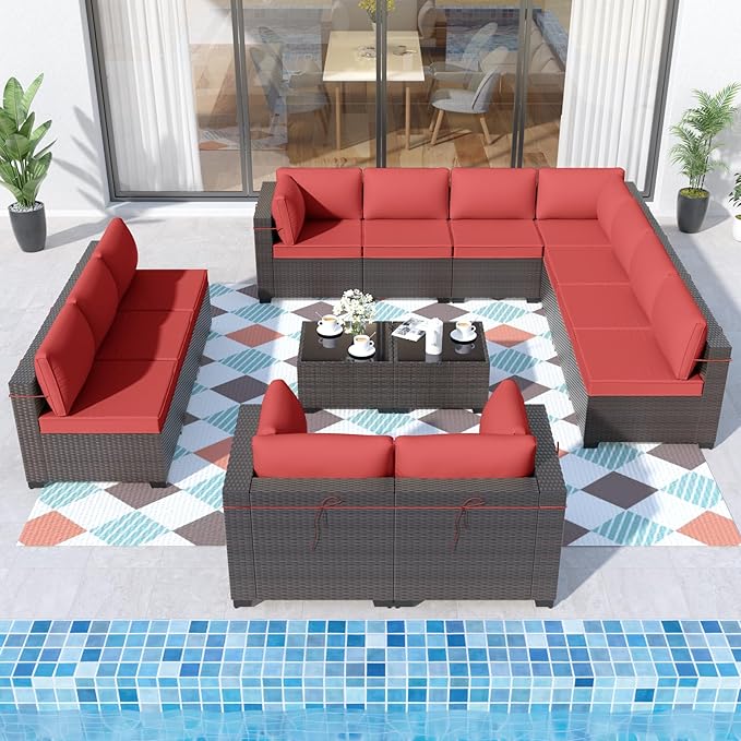 ALAULM Patio Furniture Set with Coffee Table, 14 Pieces Outdoor Sectional with Wide Seat and Thick Cushion, All Weather Wicker Rattan Conversation Set for Backyard, Garden, Deck, Red