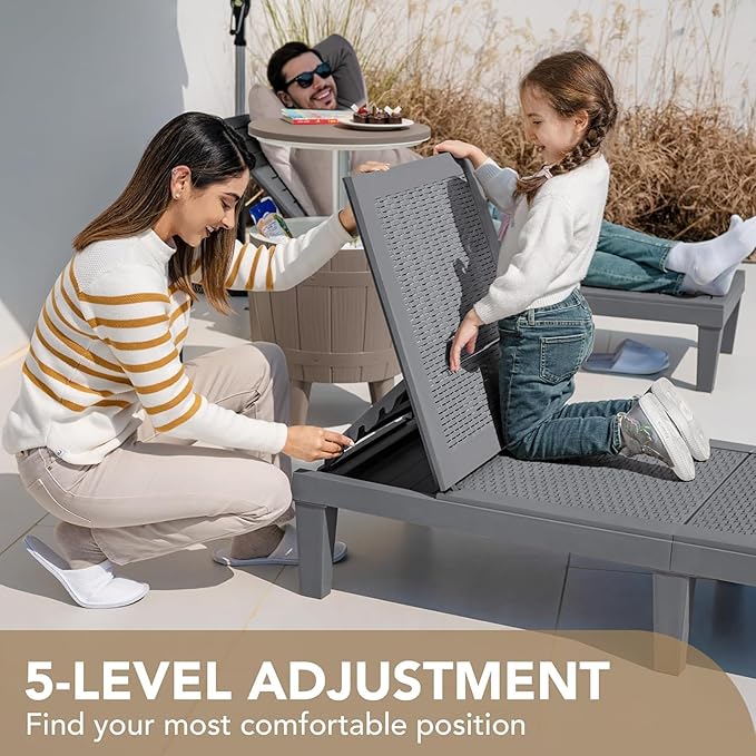 Devoko Outdoor Chaise Lounge Chair Set of 2 for Outside Pool Patio, Adjustable Waterproof Easy Assembly Chaise Lounge Outdoor (Light Grey, Set of 2)