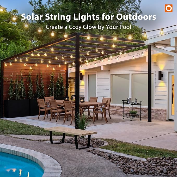 addlon 100FT Solar String Lights Outdoor with Remote, 54 LED Shatterproof Bulbs, Dimmable & Timable, 3 Light Modes, G40 Waterproof Solar String Lights for Outside Backyard Party Decor